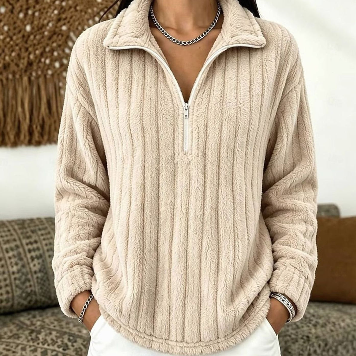 Dame Fleecetrøje med Kort Lynlås – Ribstrikket Pullover